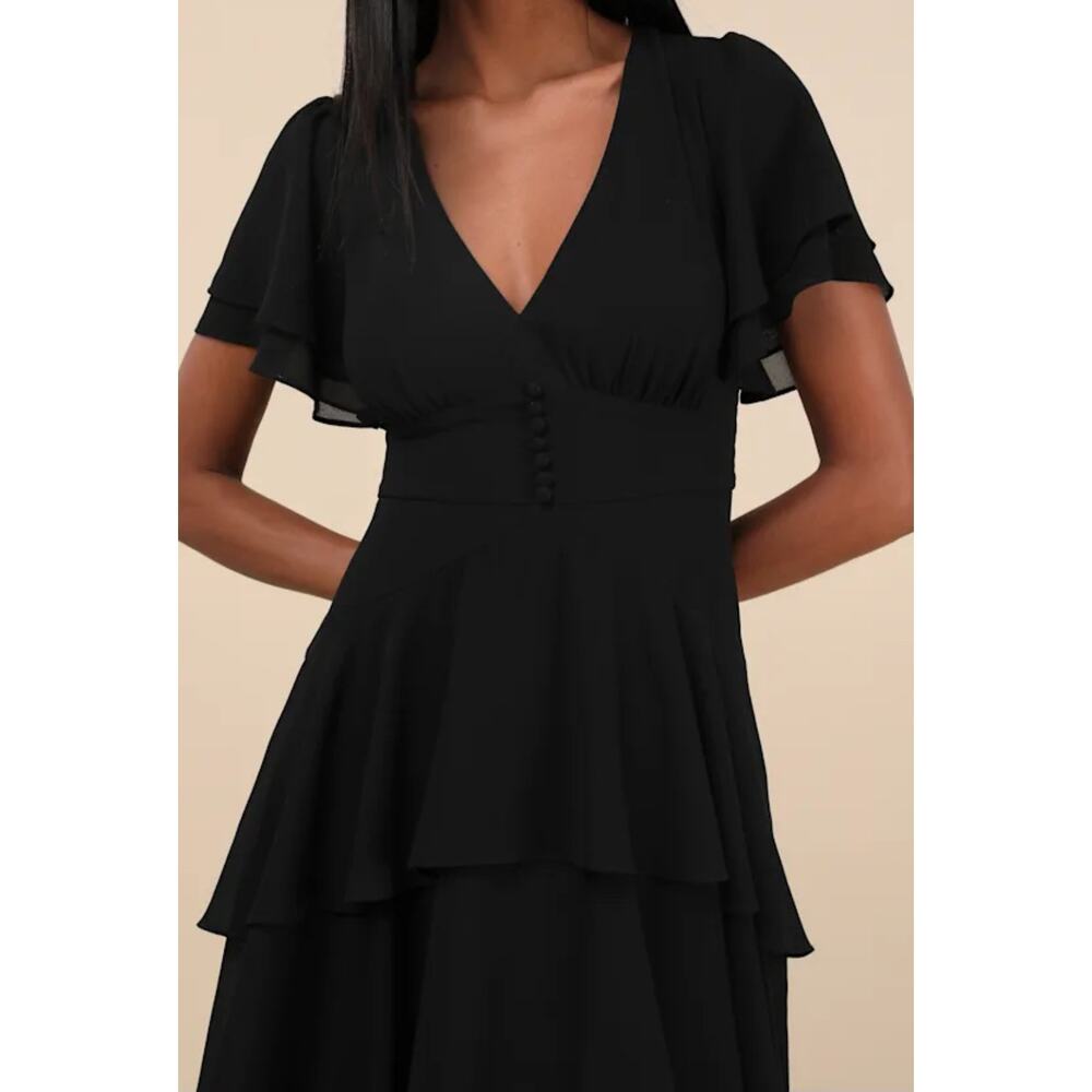 Lulus Midnight Mood Black Tiered Open Back Slit Chiffon A Line Maxi Dress Medium - Picture 3 of 12